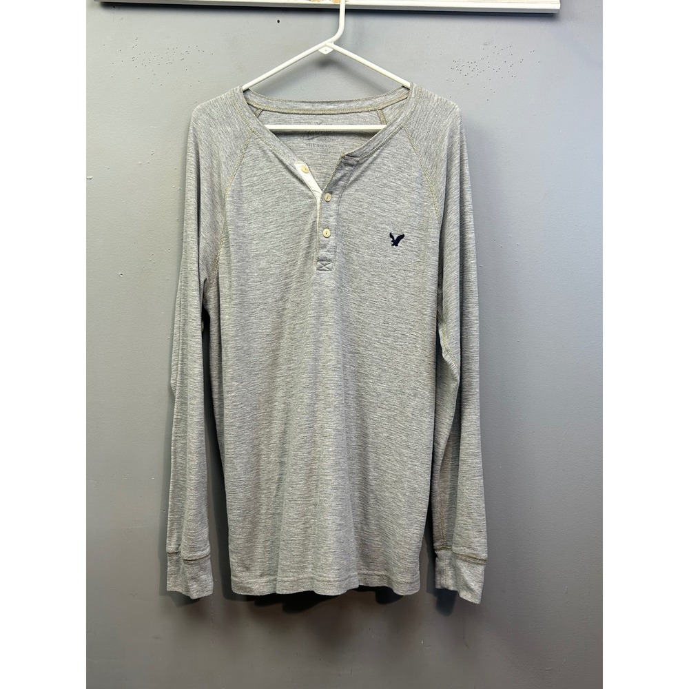 American Eagle Henley Mens large Gray Thermal Long Sleeve Raglan Shirt‎ Logo